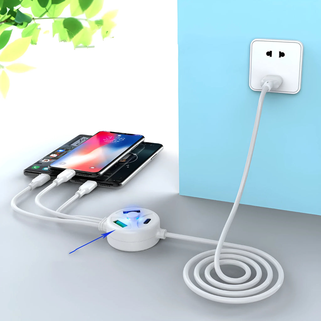PDPVC 3-in-1 fast charge USB cable showing Mini USB, Micro USB, and TYPE-C connectors on a 1.2m white cable.