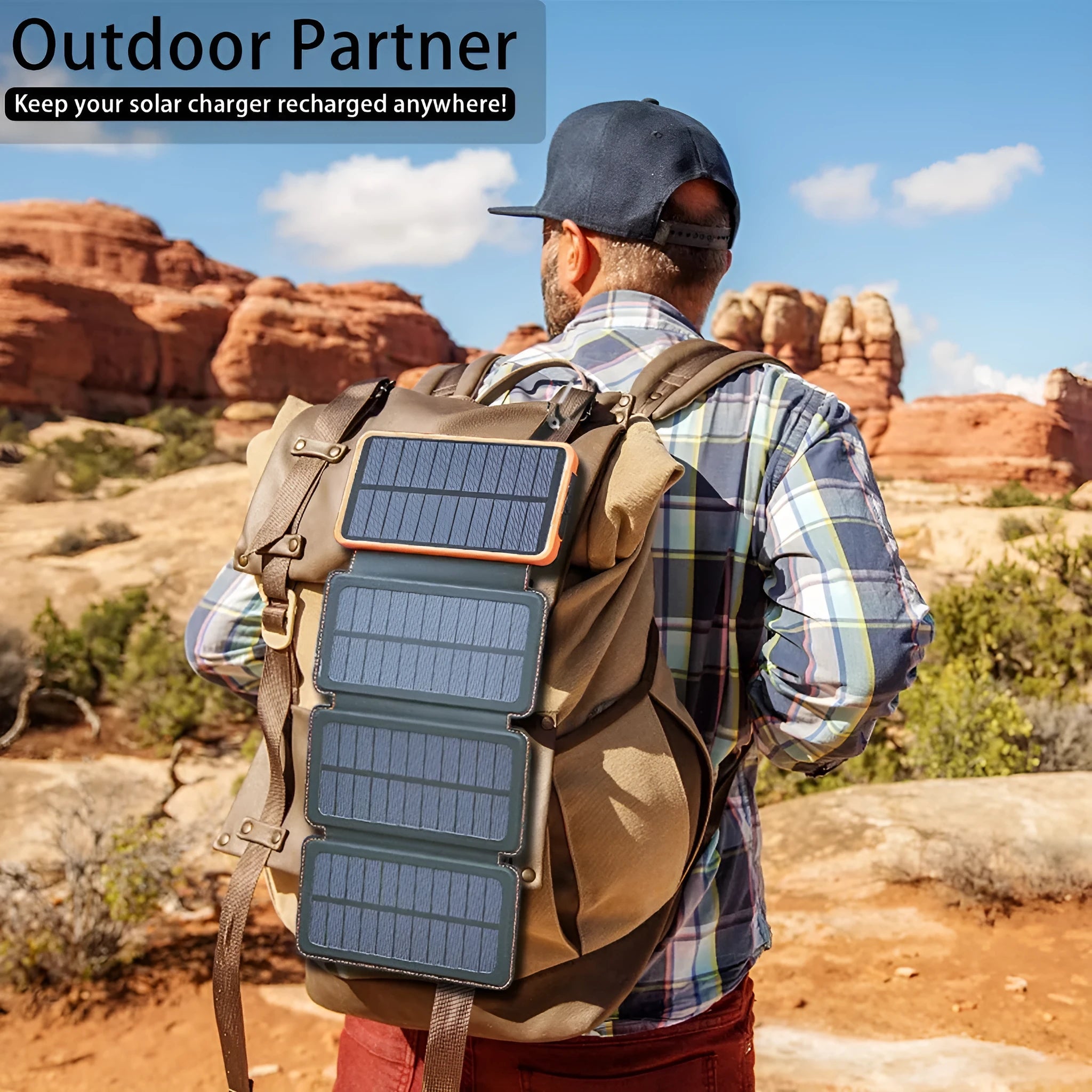 Black outdoor solar power bank with a solar panel, USB ports, and an LED light on a soft leather exterior.