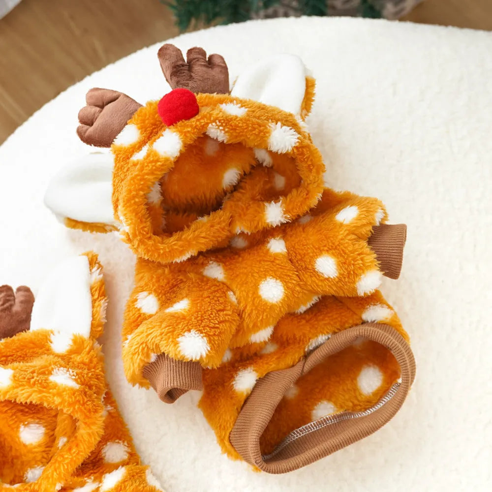 Elk design dog Christmas costume with fleece lining on a medium-sized dog.