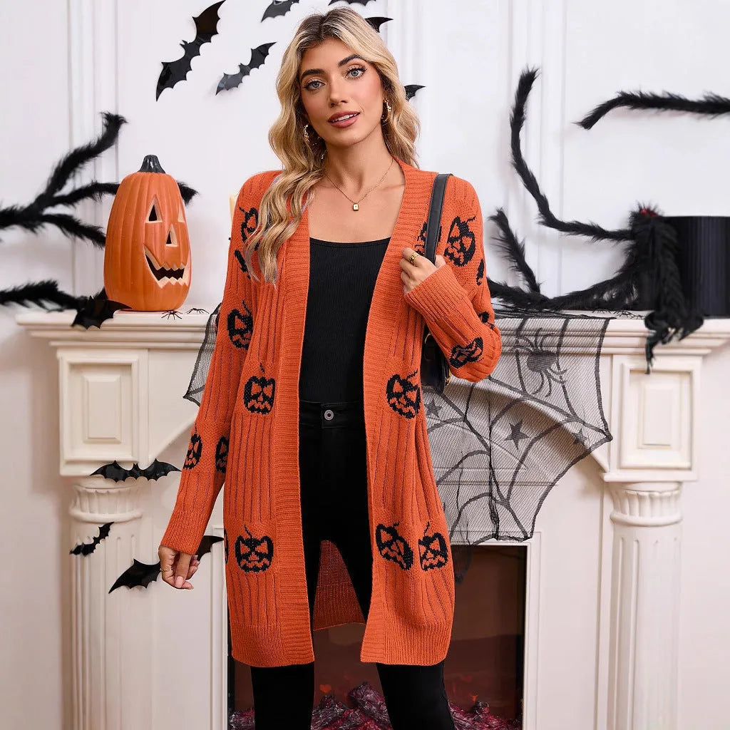Women's black Halloween pumpkin head jacquard knitted cardigan sweater on hanger