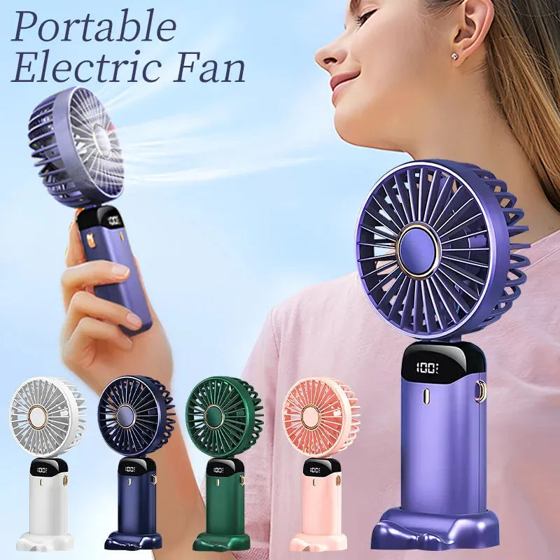 Mini portable handheld electric fan in blue with foldable design and LED battery display