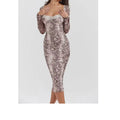 Grey slim-fit A-line lace dress with long sleeves and a digital 3D print pattern.