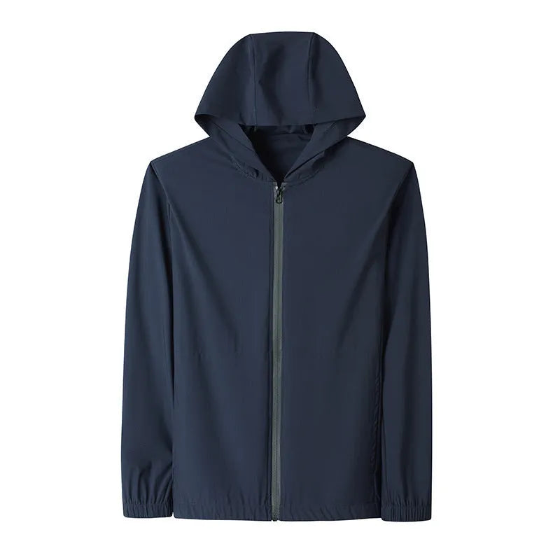 Grey hooded sun-protective top and trousers casual set laid flat showing loose fit and pocket detail