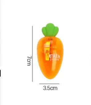 Orange carrot-shaped plastic pencil sharpener with 7cm handle length