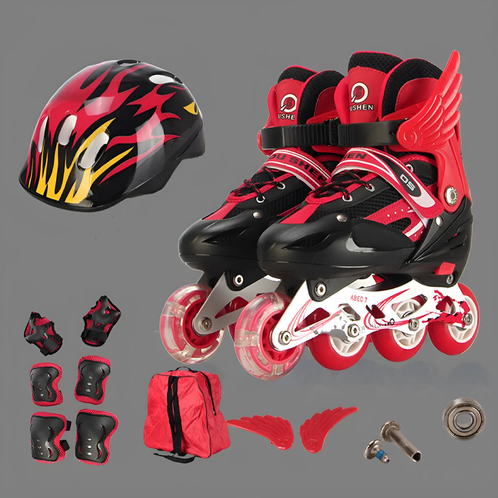 Children's adjustable roller skates in multiple colours with helmet and protective gear set.