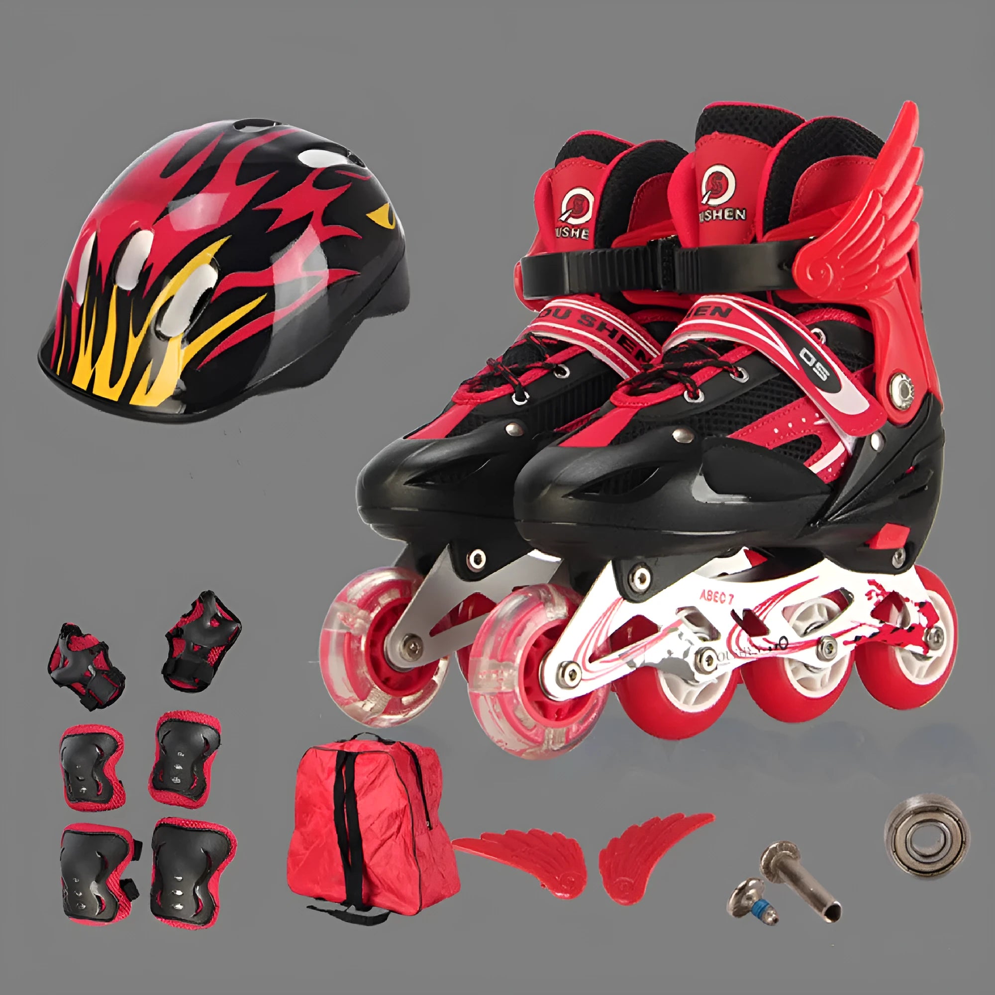 Children's adjustable roller skates in multiple colours with helmet and protective gear set.
