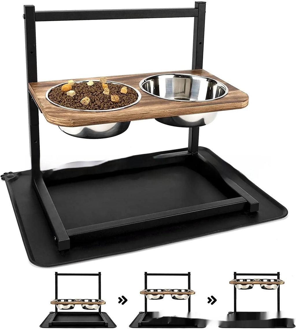 Black iron elevated dog feeding stand holding three different sized bowls for large breeds.
