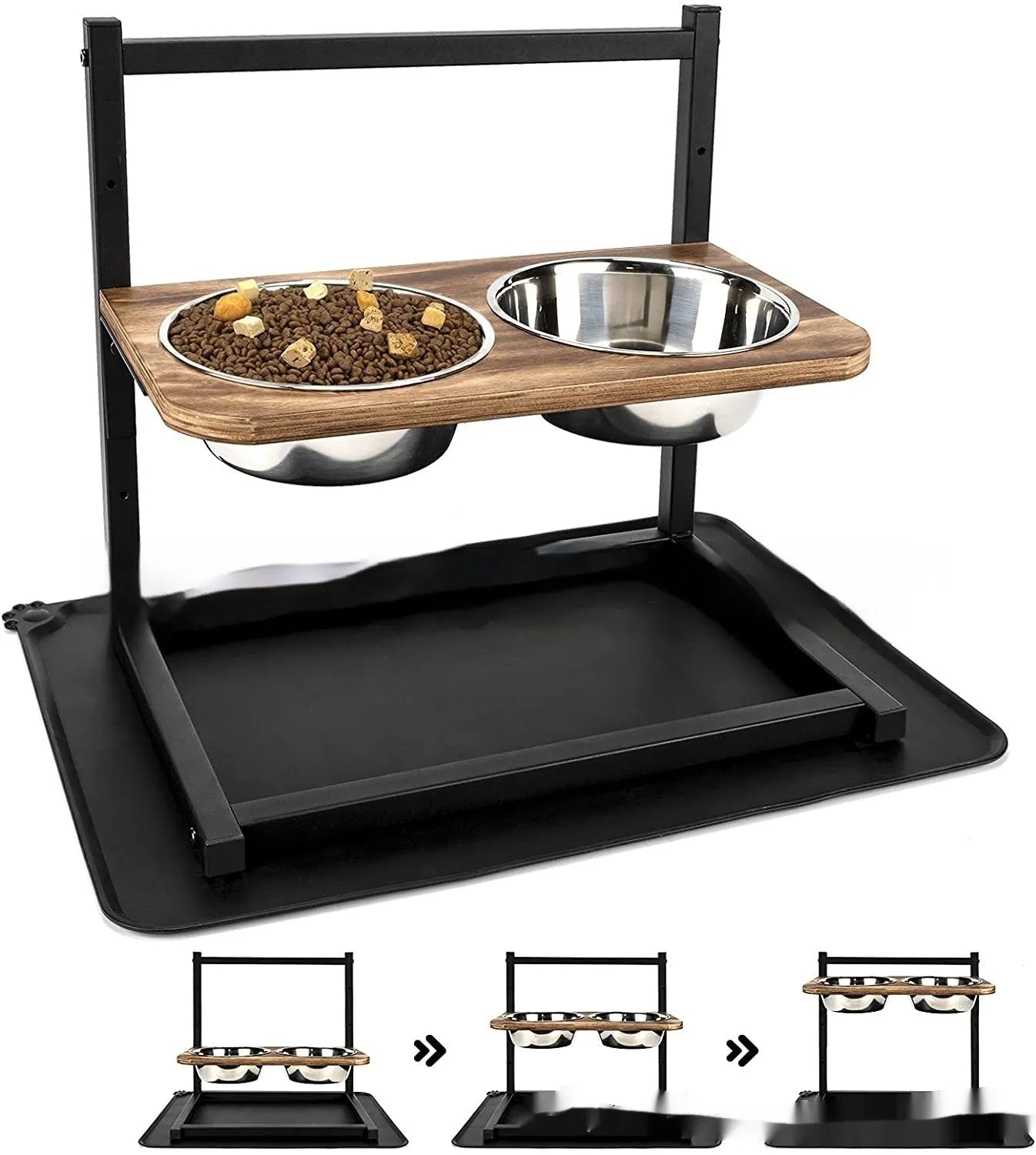 Black iron elevated dog feeding stand holding three different sized bowls for large breeds.