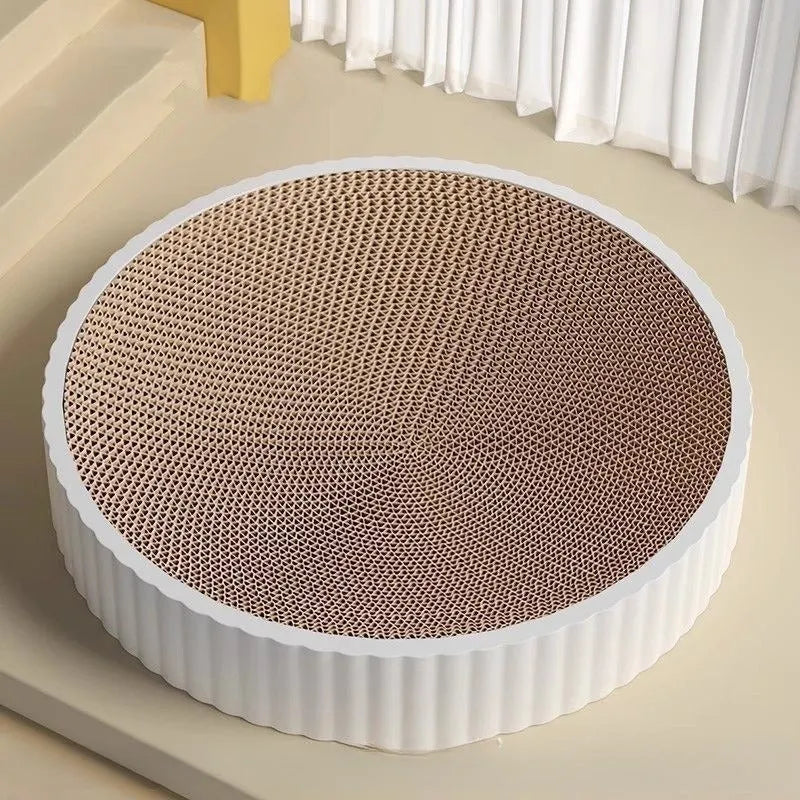 Round green and white cat scratching board bed with corrugated paper surface, 55 cm diameter