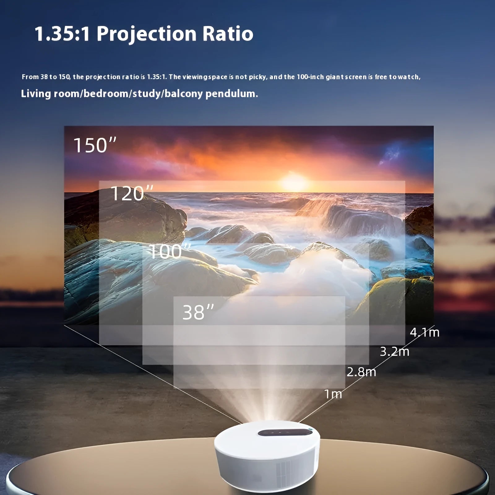 White HD projector unit with remote control on a table for home cinema use.