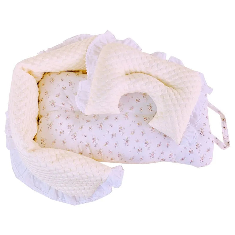 Pure cotton pet stroller cushion set showing removable towel, cushion, and pillow in floral pattern