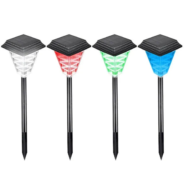 Solar garden light with colour changing LEDs in outdoor setting showing flame, green, red, and white light options
