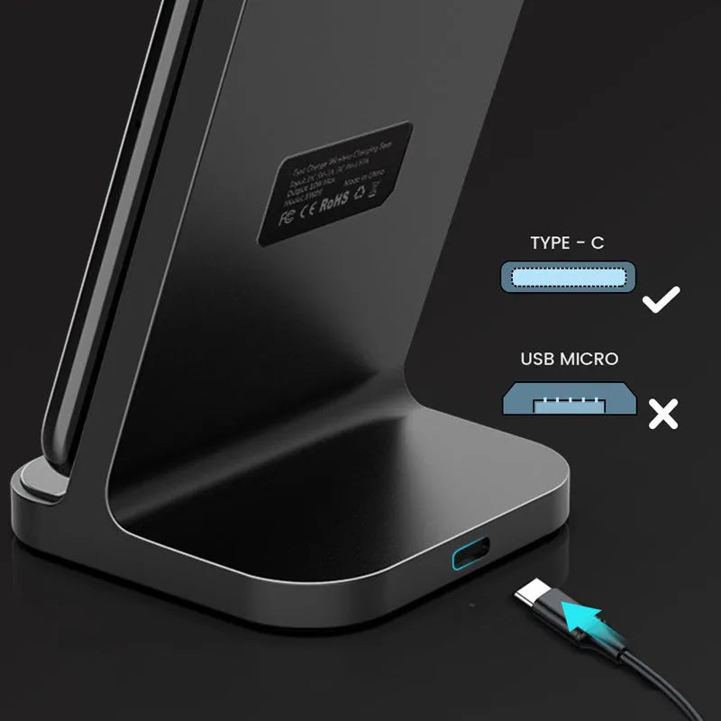 Dark grey vertical wireless charger for Apple iPhone on desktop