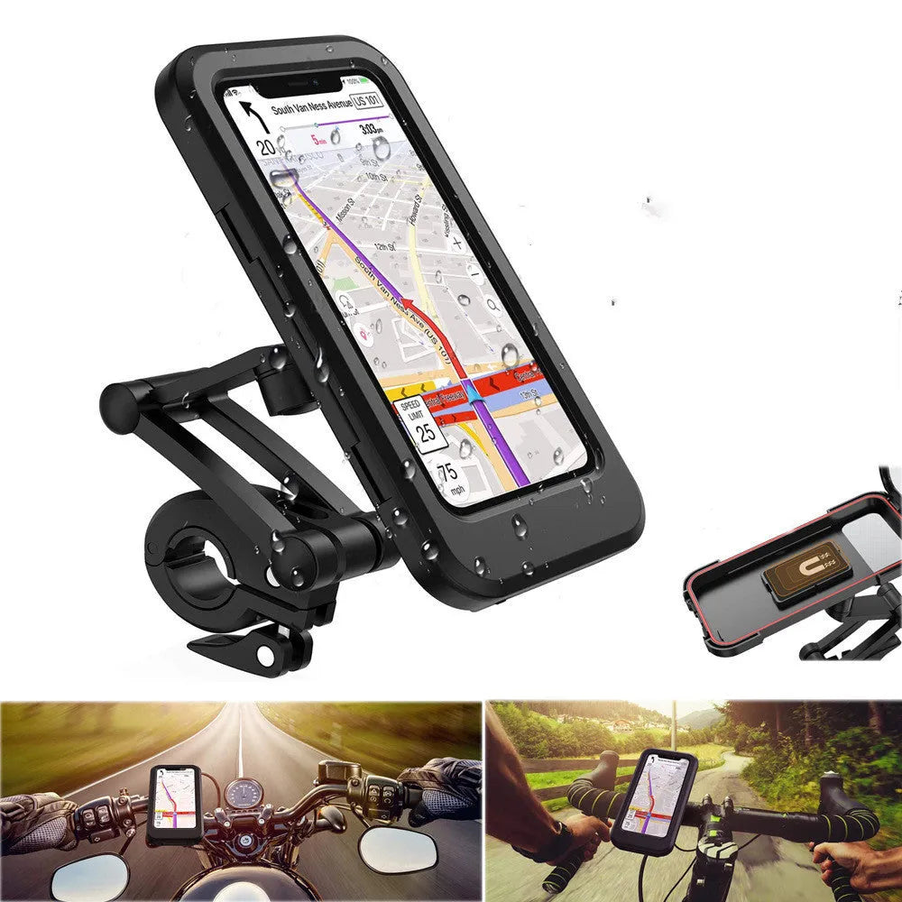 Black adjustable waterproof bicycle and motorcycle phone holder mount for 4 to 6.7 inch mobile devices.