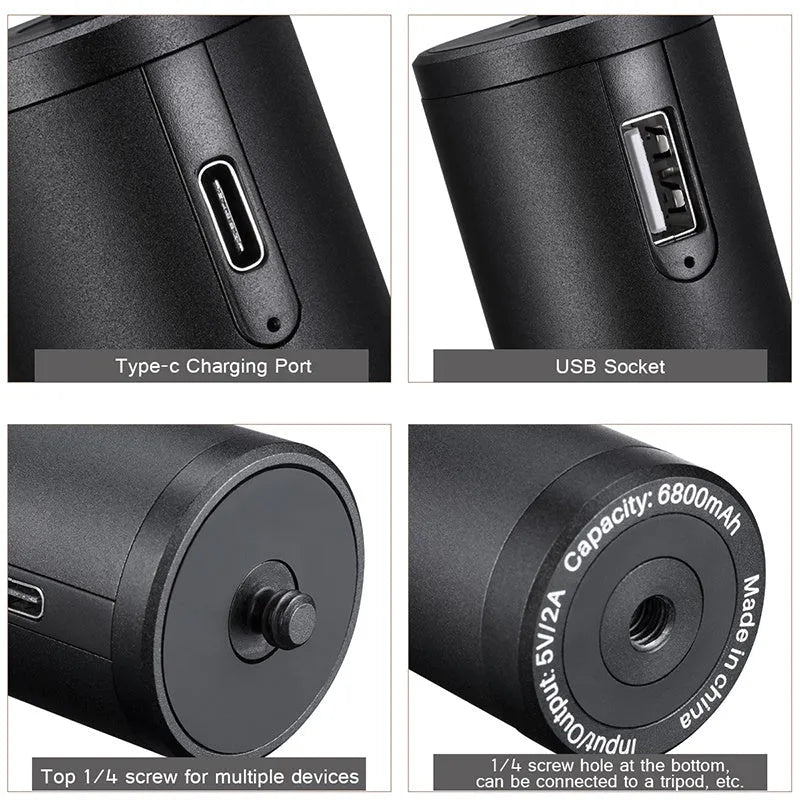 Black aluminium alloy charging treasure handle with 6800mAh battery capacity measuring 12.5cm
