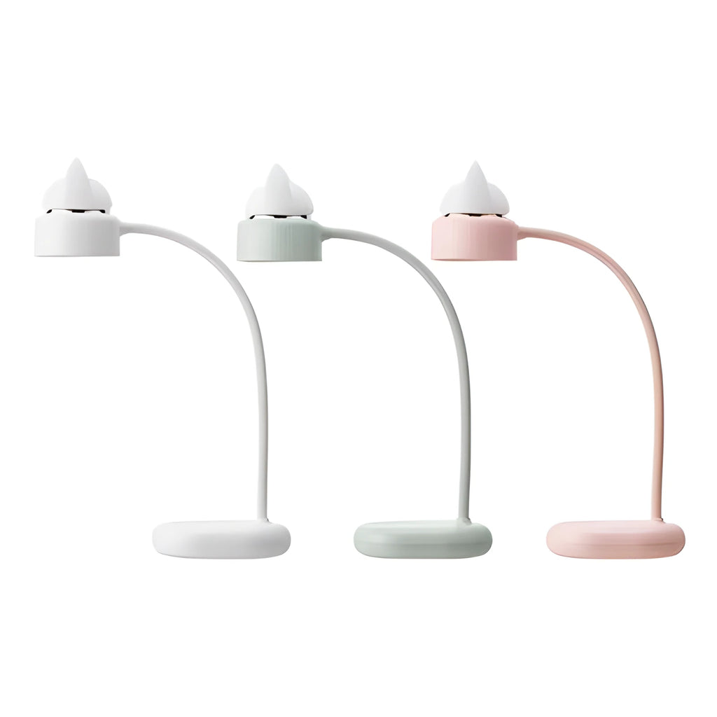 White rechargeable LED clip desk lamp with touch control on wooden desk