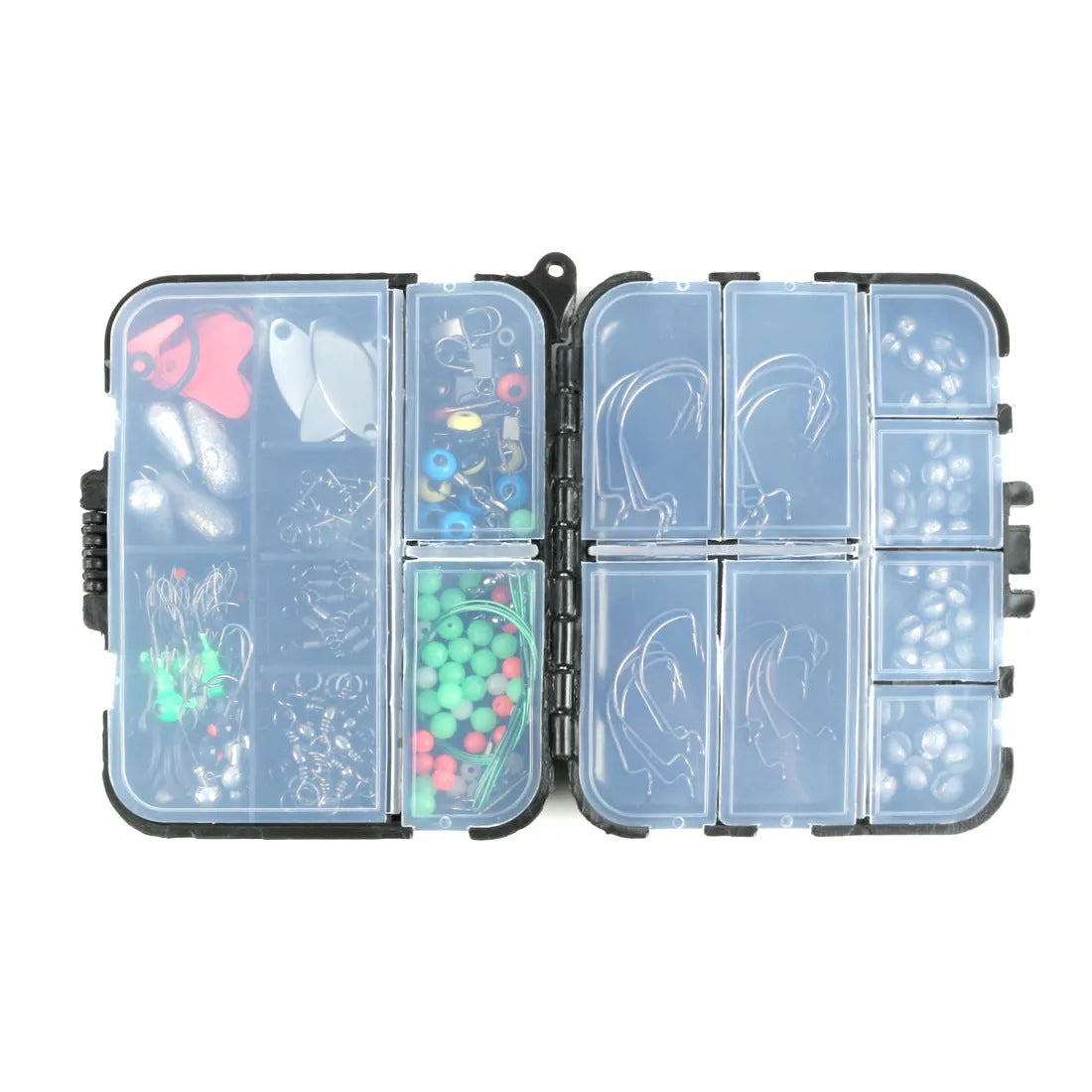 Black compact case with 188 piece stainless steel fishing accessories set, dimensions 4.7 x 3.9 x 1.2 inches