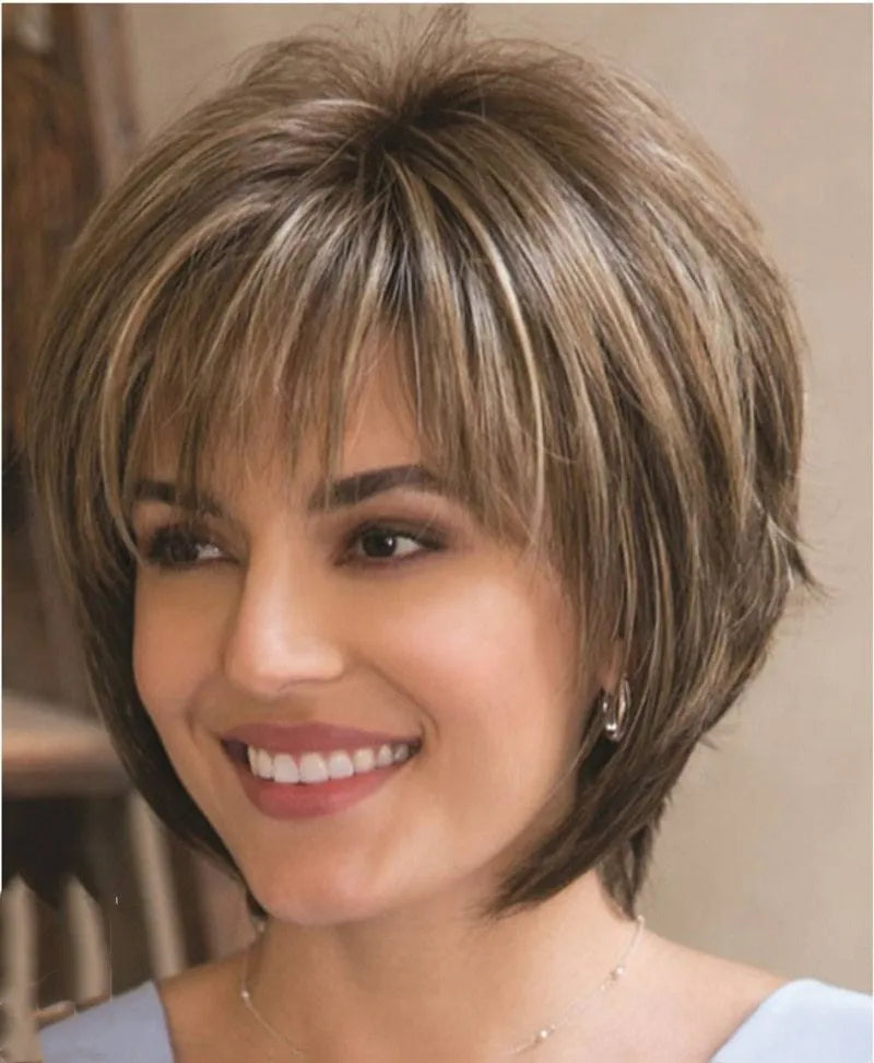 Mixed blonde brown short heat resistant synthetic wig on display