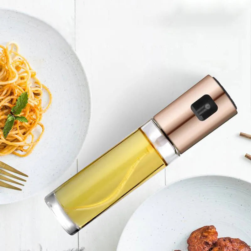 Gold ABS and glass kitchen oil vinegar spray bottle with push pump, 100ml capacity