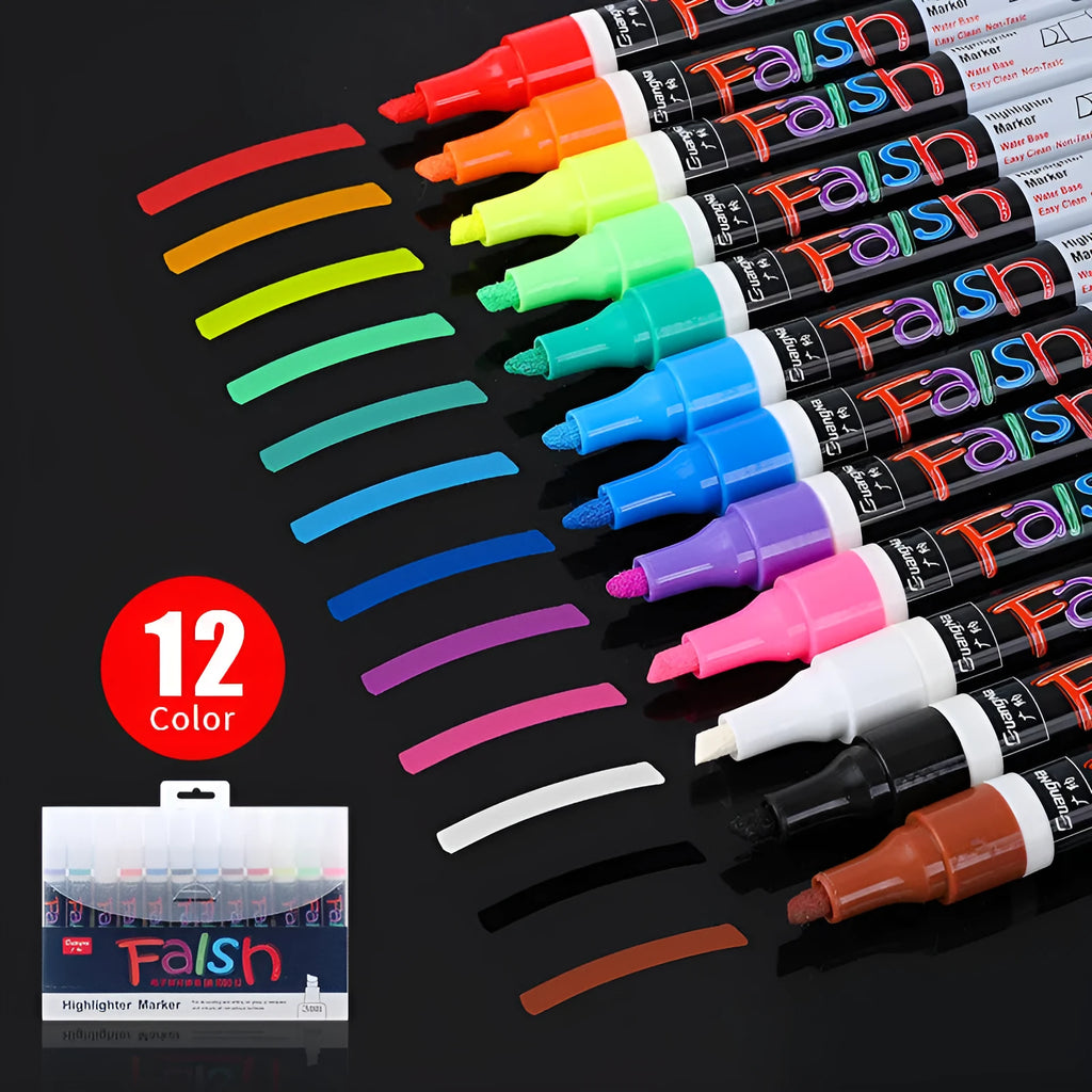 Oblique-shaped electronic fluorescent board highlighter pen with 6mm tip, shown on a card with colour refills.