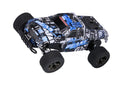 Blue 1:18 scale remote control drift car with 2.4GHz transmitter on black surface