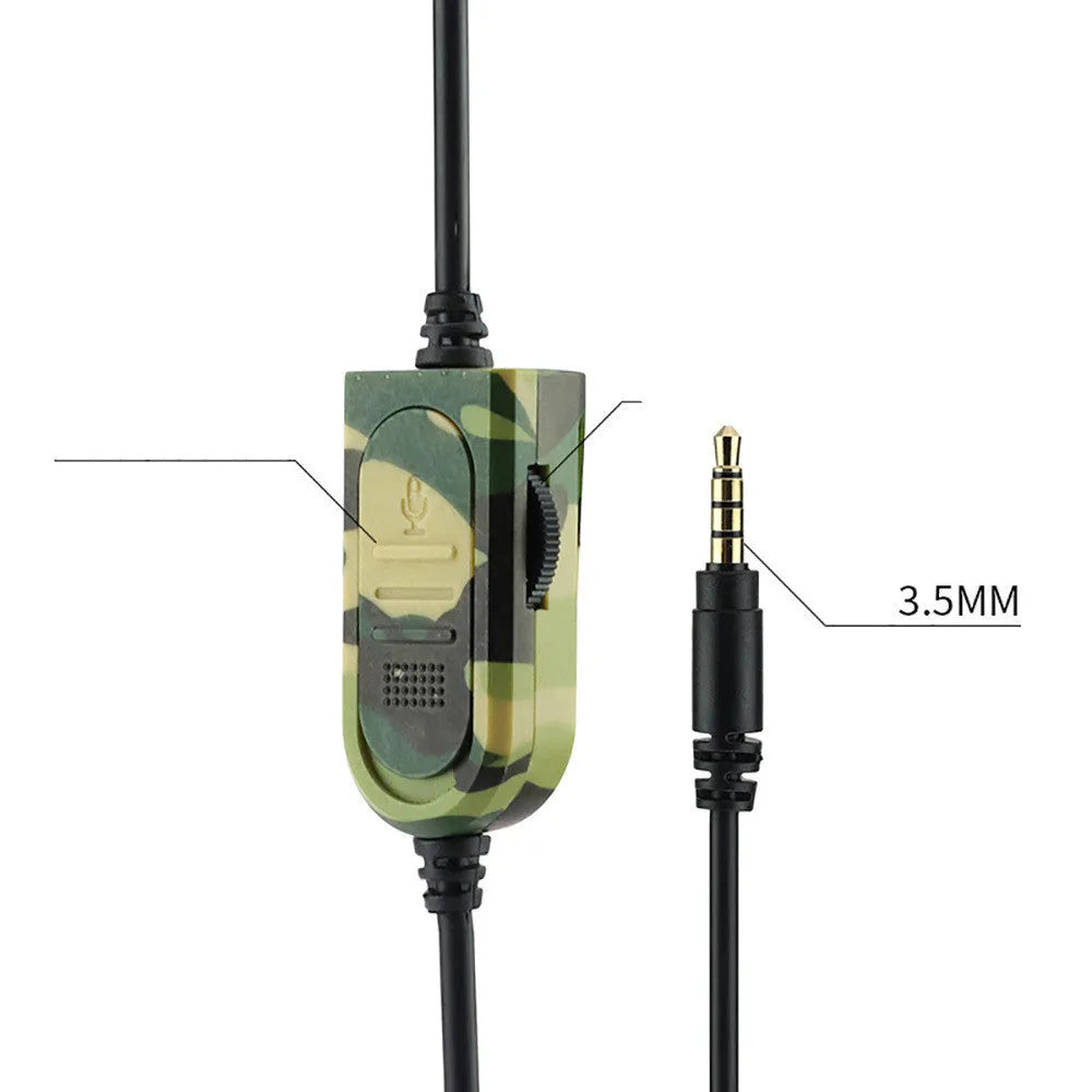 Army Green camouflage wired gaming headset with over-ear cups and a black PVC cable.
