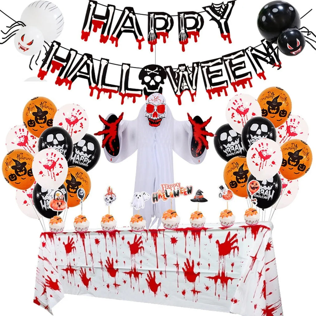 Black and white Halloween balloons with skull and pumpkin designs arranged as spider arch decoration