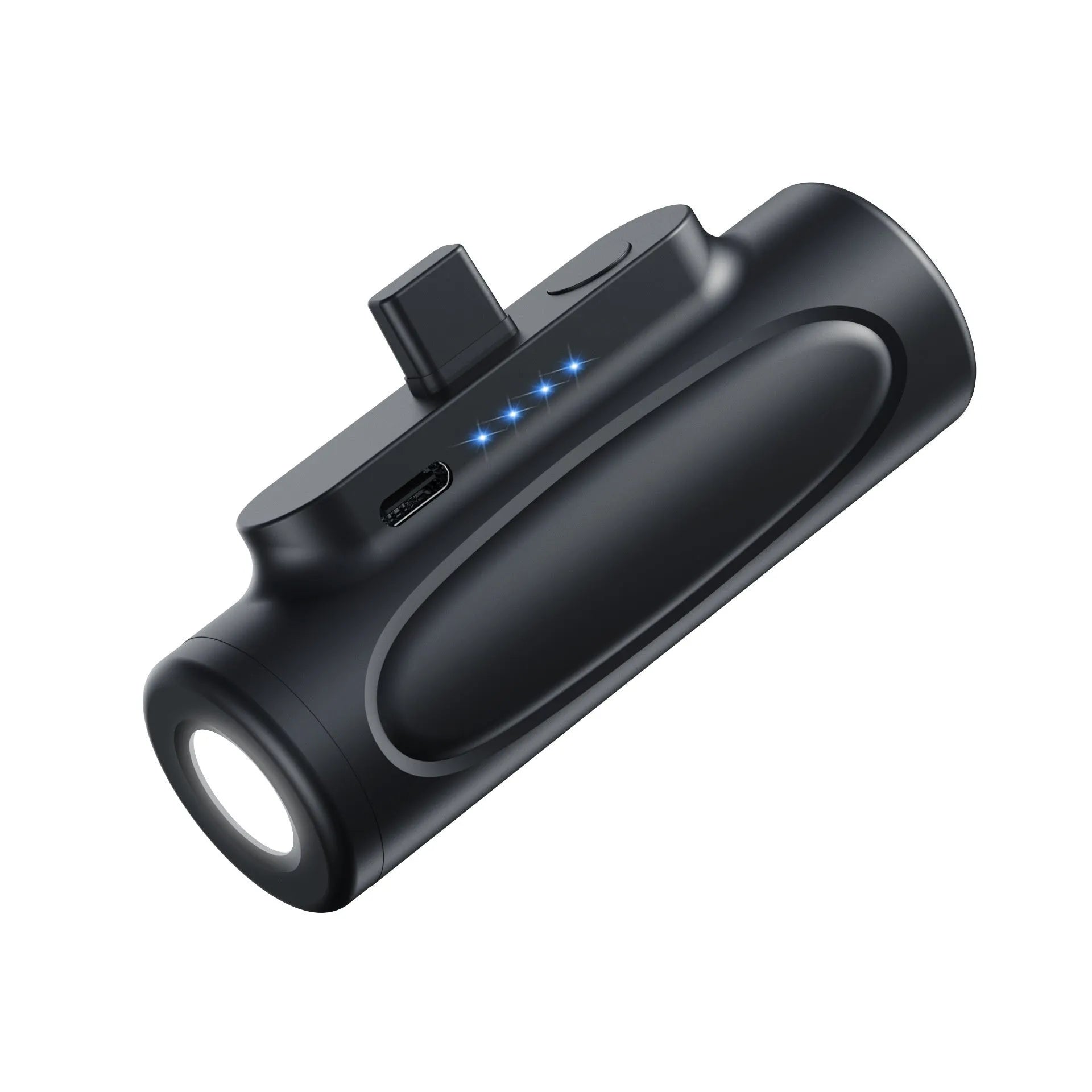 Black and pink creative power bank with built-in LED flashlight, showing Type-C and Apple port options.