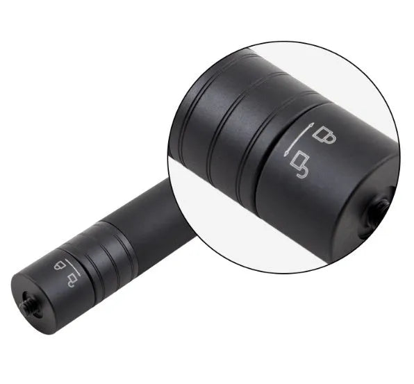 Black retractable aluminium selfie stick extended with a phone attached, showing its handheld stabiliser grip.