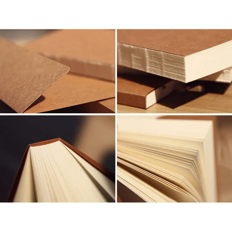 Brown kraft paper sketchbook open flat showing textured drawing pages and wireless binding.