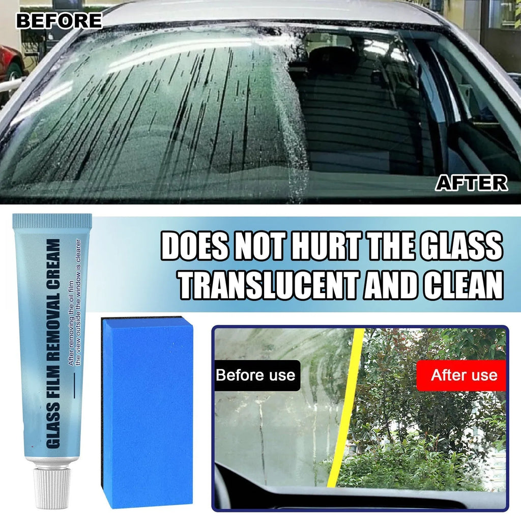 Blue sponge applicator and tube of car window oil film remover for glass decontamination