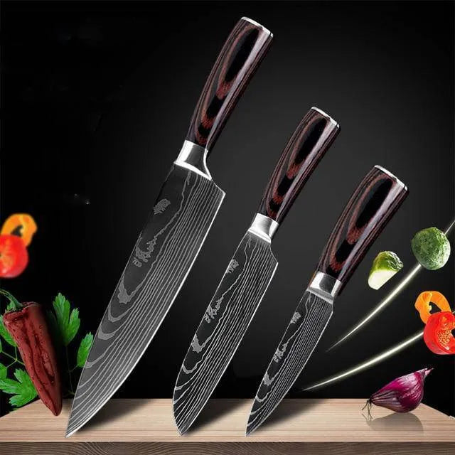 7Cr17 stainless steel kitchen knife with coloured wood handle and Damascus pattern blade on a black gift box.