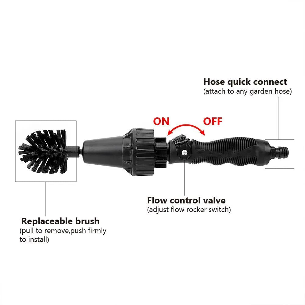 Water-driven rotary cleaning brush in black and yellow plastic connected to a garden hose for car wheel cleaning