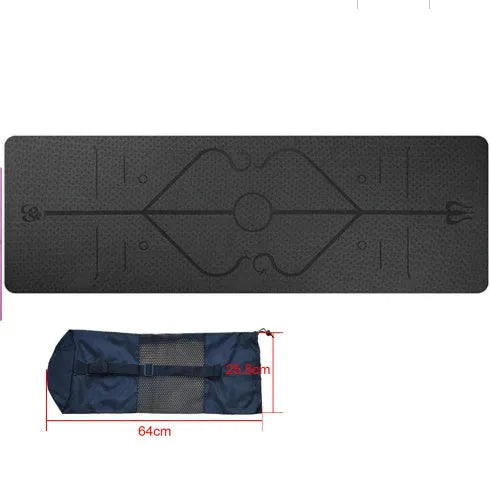 TPE yoga mat in bamboo blue with body position line, 6mm thick, rolled out on a wooden floor