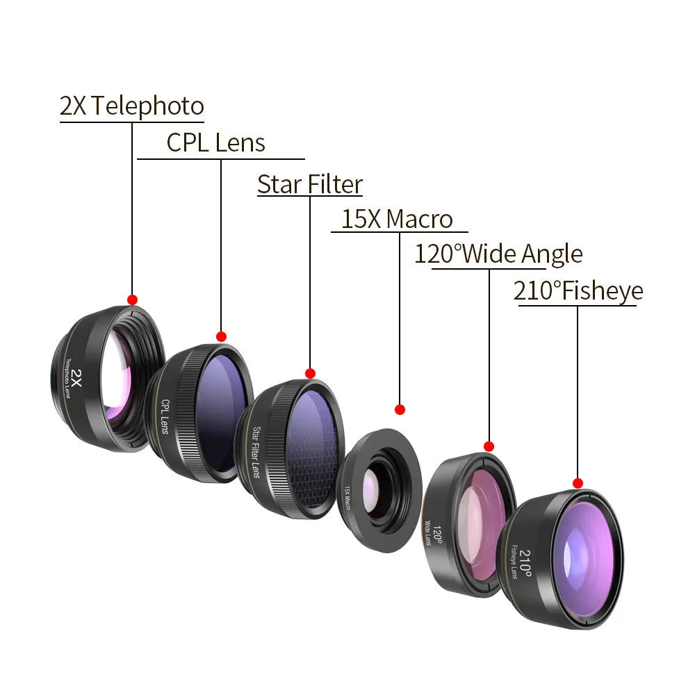 Black 6-in-1 universal smartphone camera lens kit with fisheye, macro, wide-angle, telephoto, filters, clip, and case.