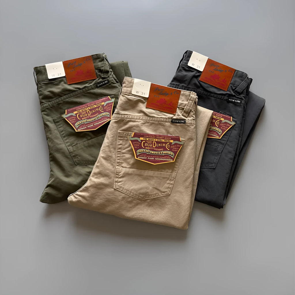 Men's straight-leg American retro cotton trousers in grey, army green or khaki colours