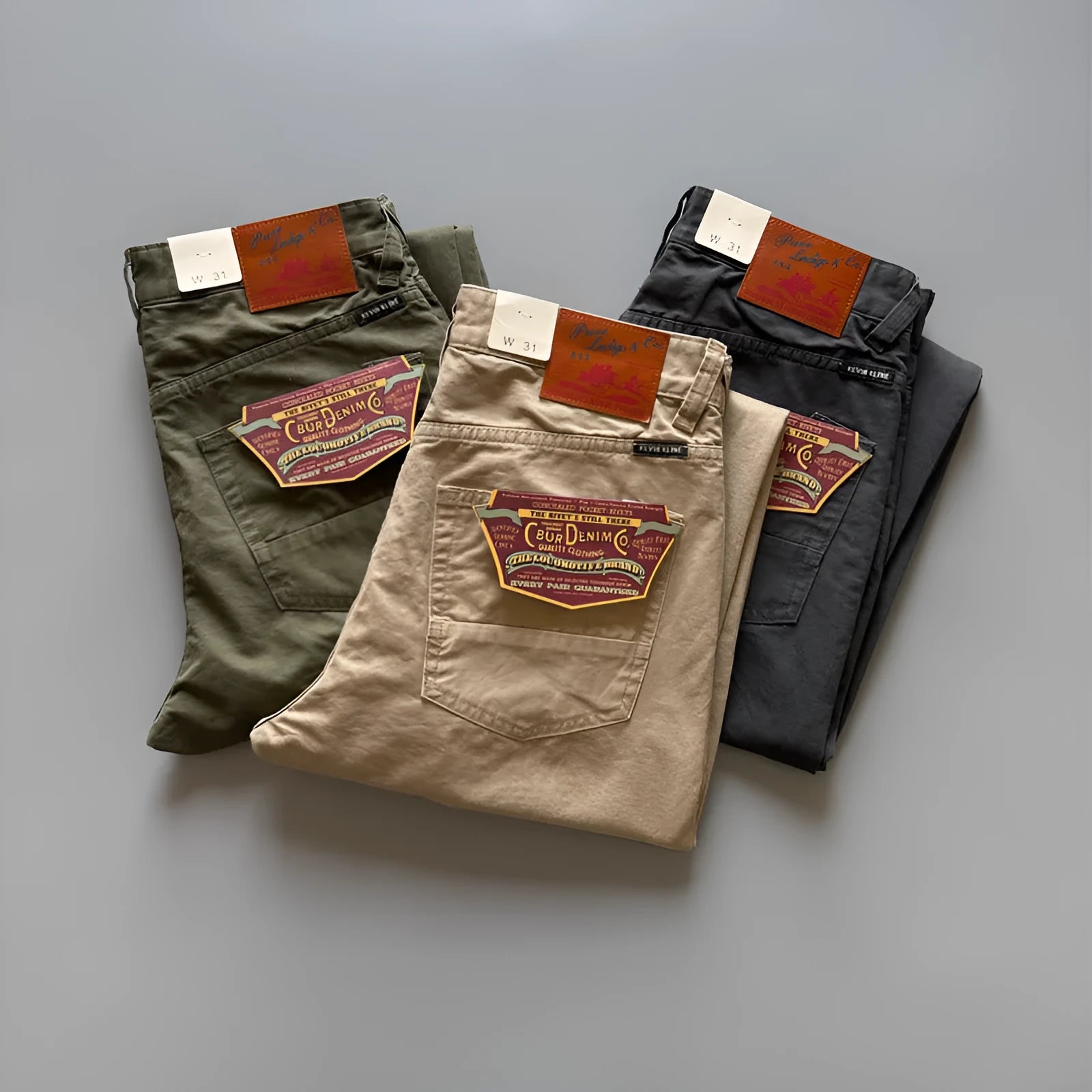 Men's straight-leg American retro cotton trousers in grey, army green or khaki colours