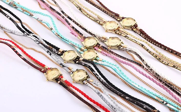 Ladies wrap watch with leopard weave bracelet and round alloy case on white background