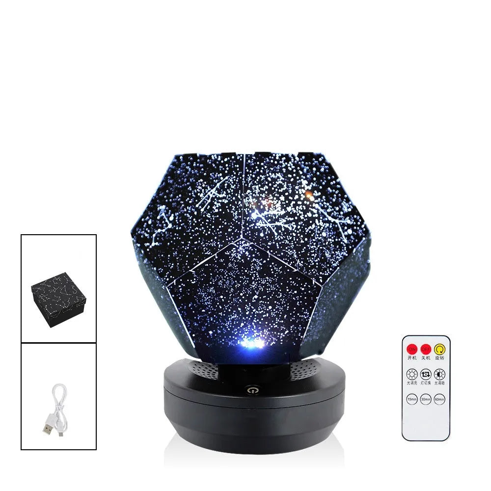 LED starry sky projector showing constellation projection on bedroom ceiling with remote control