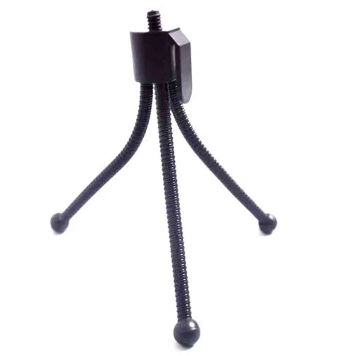 Small black iron frame mini tripod with extended legs and a universal ball head mount.