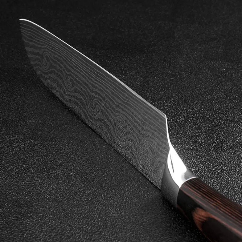7Cr17 stainless steel kitchen knife with coloured wood handle and Damascus pattern blade on a black gift box.