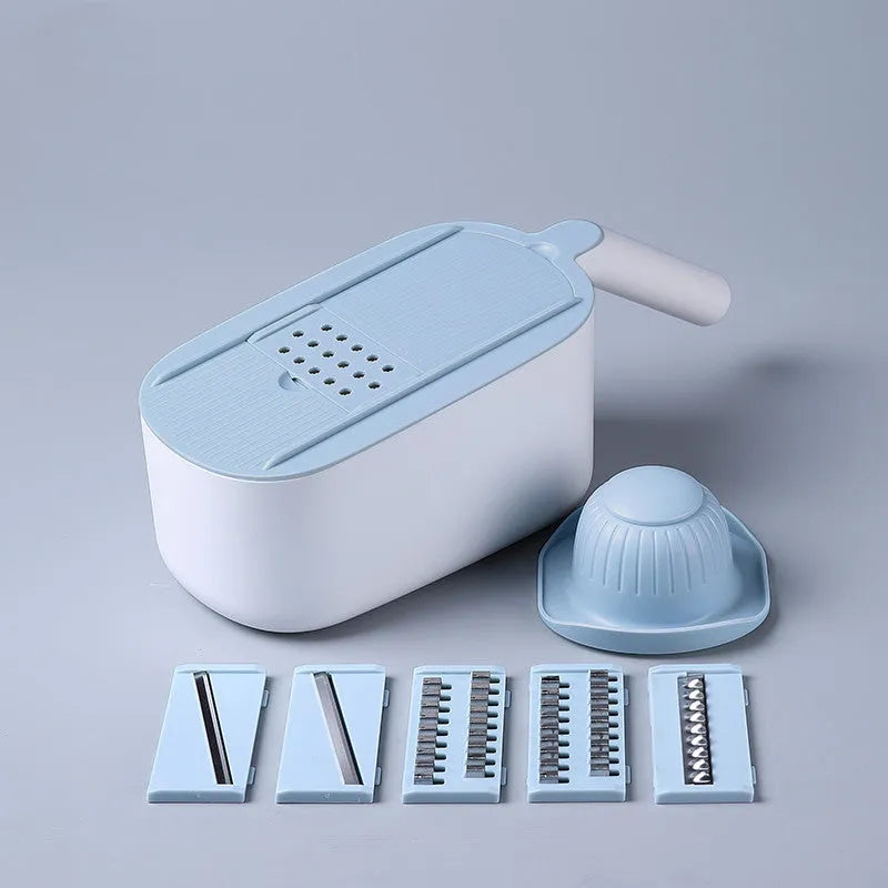 Nordic style multifunctional vegetable cutter with stainless steel blades in blue, grey or khaki colour options