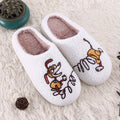 White fluffy slippers with cartoon patterns, rubber soles, and toe holder design