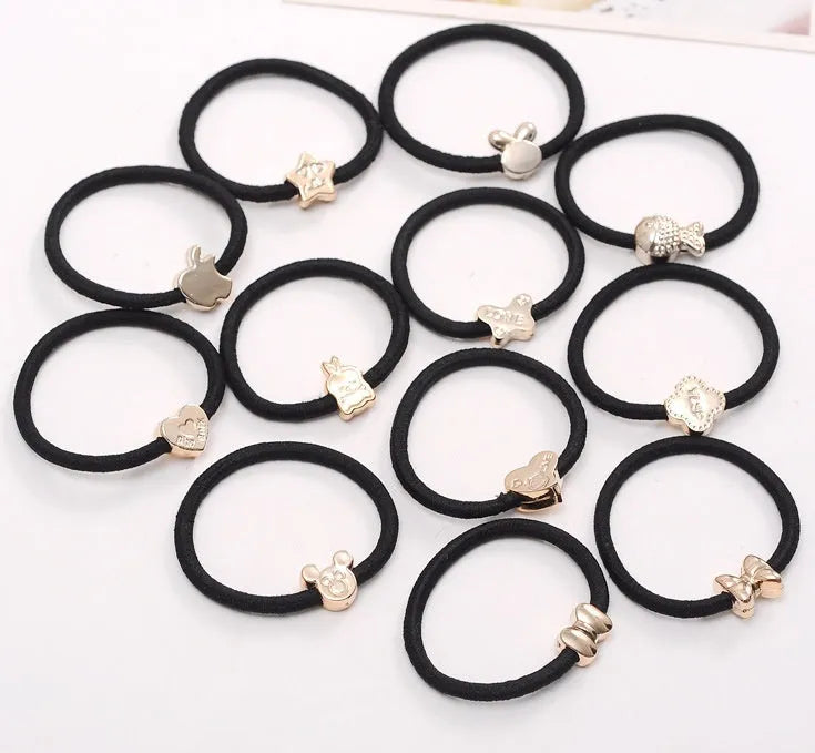 Korean style high elastic hair rings with gold bead plating, mixed colours, 50 pieces bulk pack