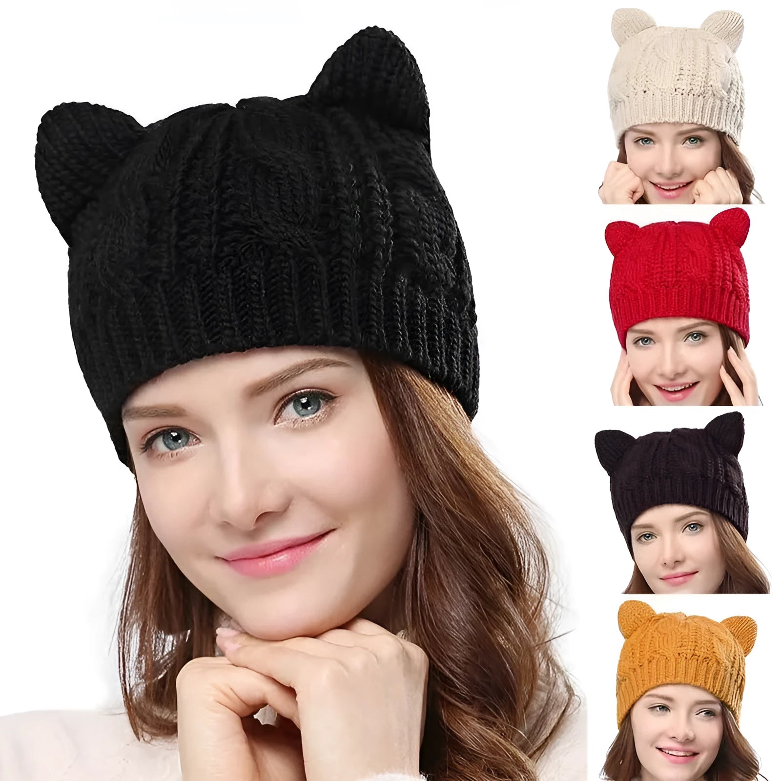 Handmade 3D cat ear knitted winter beanie in knitting wool material showing red colour option