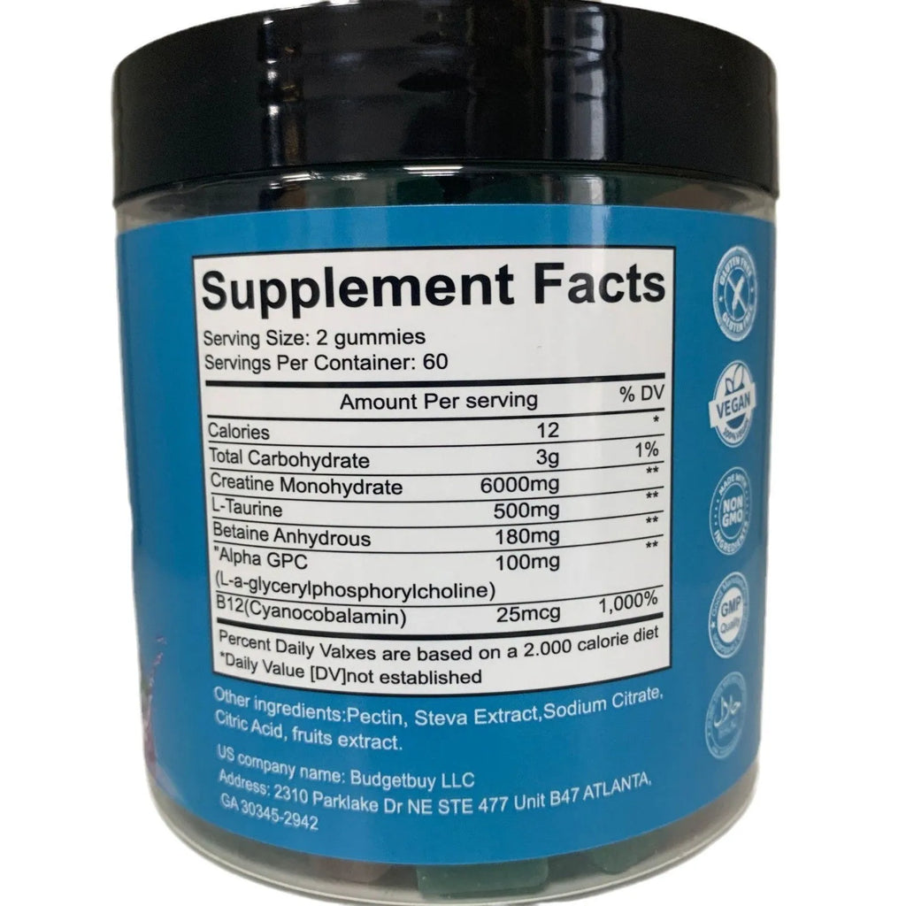 Bottle of raspberry-flavoured creatine monohydrate gummies containing 120 soft candy tablets