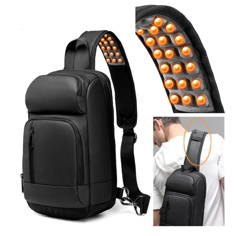 Black medium outdoor shoulder bag with air cushion strap showing internal laptop and organiser pockets