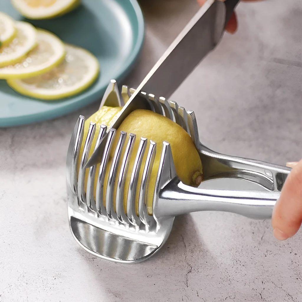 Silver plastic lemon slicer kitchen gadget for cutting fruit and vegetables