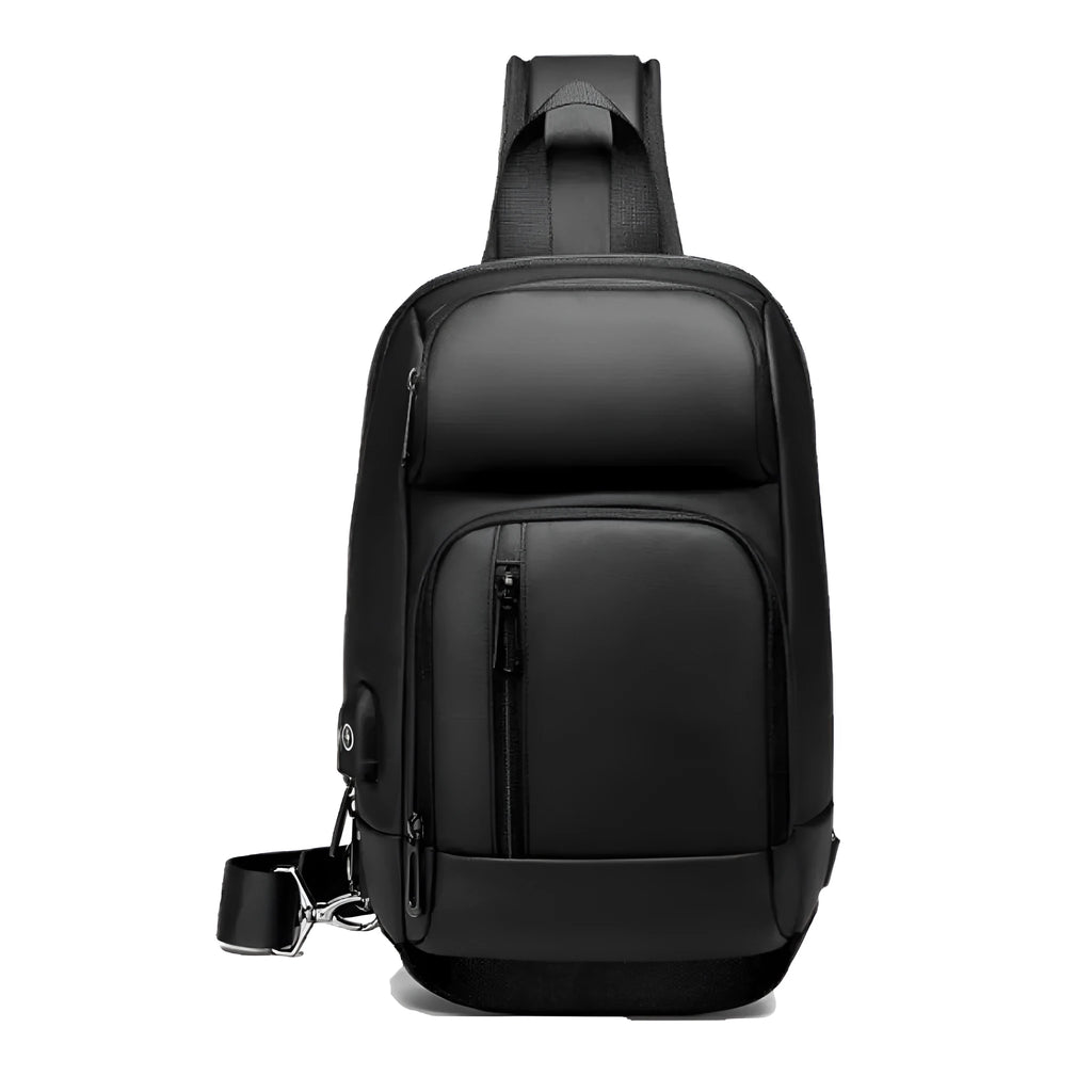 Black medium outdoor shoulder bag with air cushion strap showing internal laptop and organiser pockets
