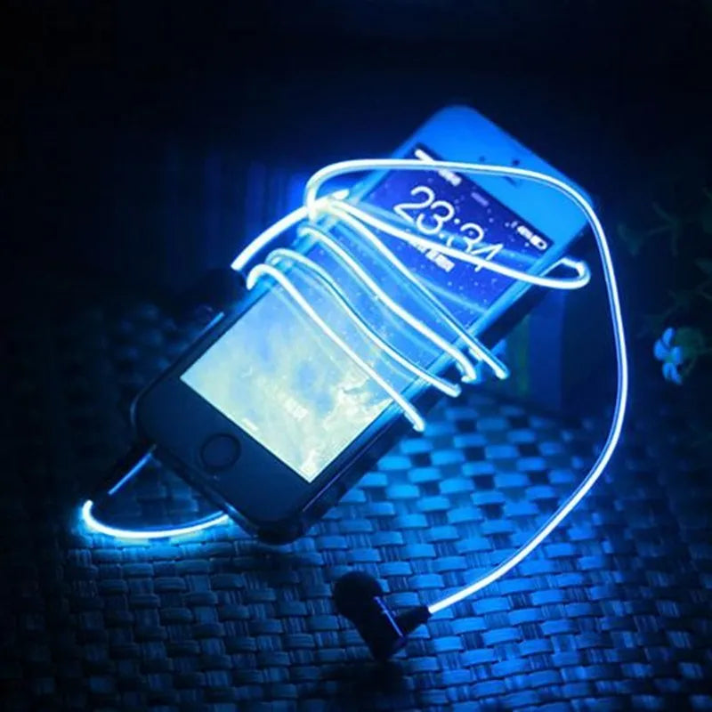 Blue LED light-up earphones with 3.5mm jack and inline remote control, showing illuminated ear shells.